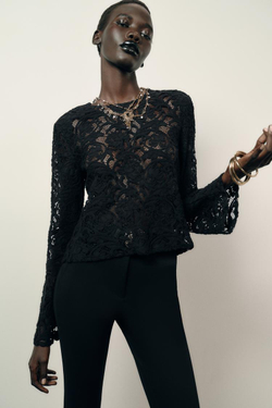 ZARA КРУЖЕВНОЙ ТОП С ПОДПЛЕЧНИКАМИ, ЧЕРНЫЙ