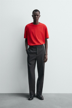 ZARA ФУТБОЛКА СВОБОДНОГО КРОЯ С ОТДЕЛКОЙ В РУБЧИК, КРАСНЫЙ