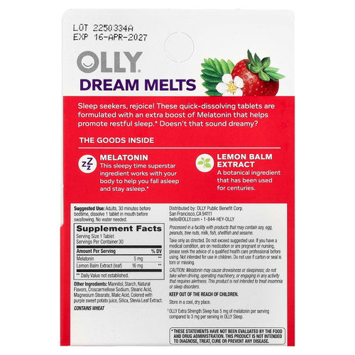 OLLY, Sleep, повышенная сила действия, со вкусом клубники, 30 таблеток