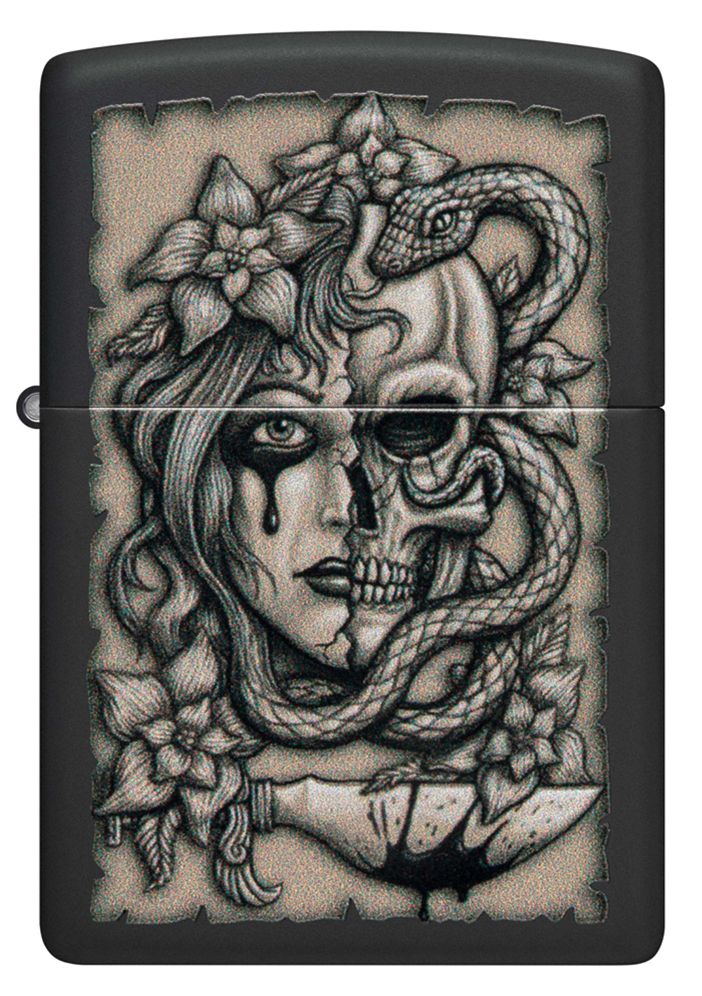 Зажигалка Zippo Gory Tattoo с покрытием Black Matte, латунь/сталь, черная, матовая, 38x13x57 мм