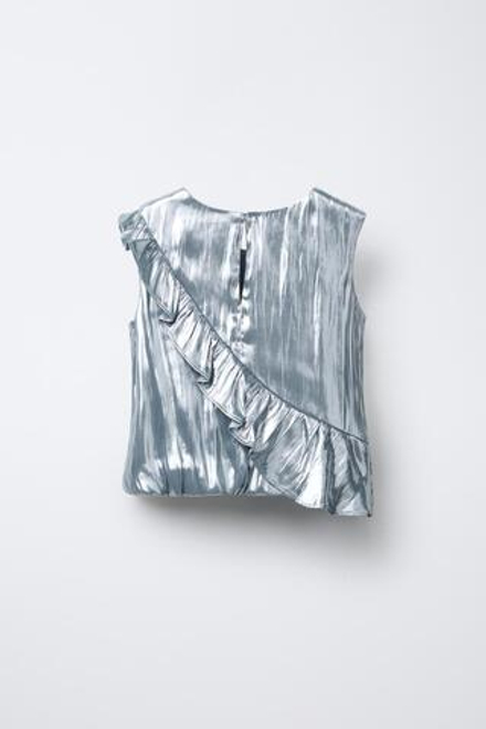 ZARA МЕТАЛЛИЗИРОВАННЫЙ ТОП С ВОЛАНАМИ, СЕРЕБРИСТЫЙ
