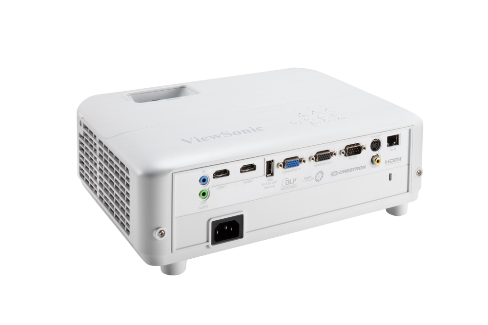 Проектор ViewSonic PG706HD сзади слева, показаны вентиляционные решетки и конструкция корпуса.