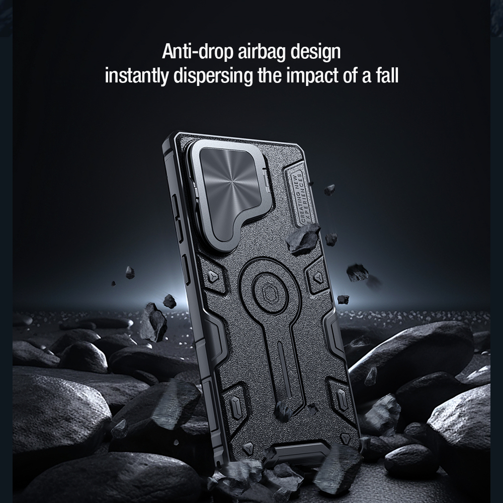 Противоударный чехол от Nillkin на смартфон Samsung Galaxy S25 Ultra с откидной металлической крышкой для камеры, серия CamShield Armor Prop Case