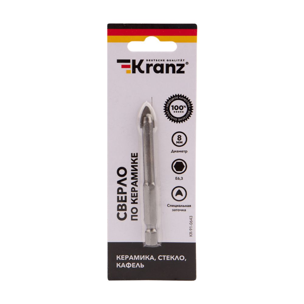Сверло по стеклу и керамике 8 мм, 2 грани, шестигранный хвостовик KRANZ