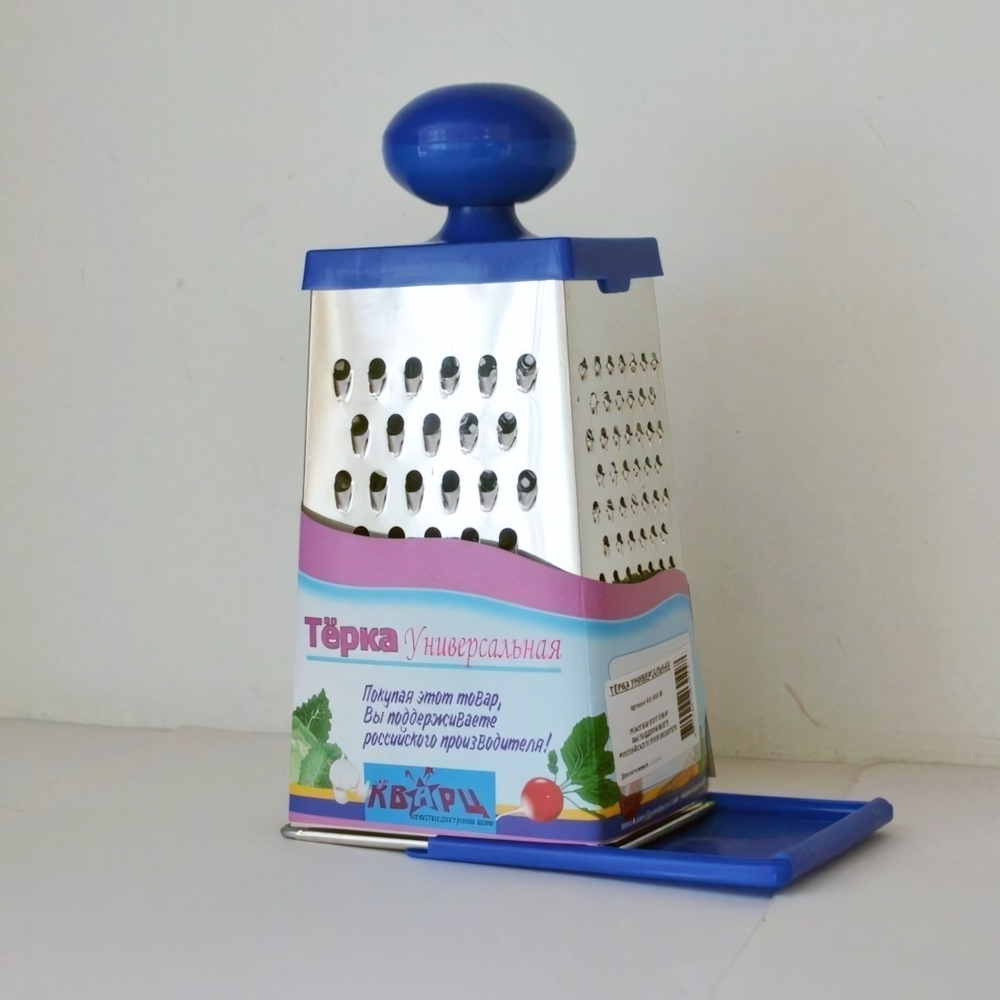 Терка универсальная 4-грани с пластмассовой круглой ручкой и пластмассовой крышкой-дозатором в сервисной упаковке 11х8,5х22см КМ01.001.04