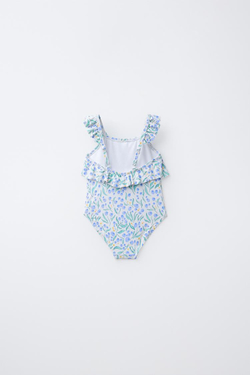 ZARA КУПАЛЬНИК С ВОЛАНАМИ И ПРИНТОМ В ВИДЕ ЛИСТЬЕВ, СИНИЙ