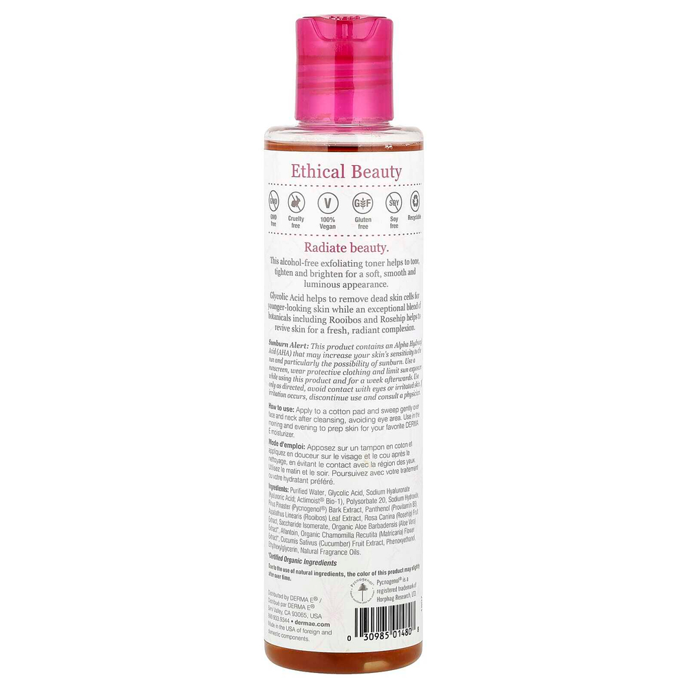 DERMA E, Essentials, тоник для сияния, гликолевая кислота и ройбуш, 6 жидк. унц. (175 мл)