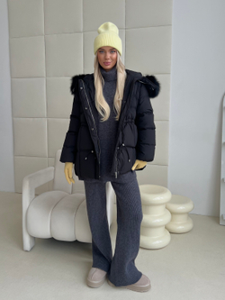 Пуховик Fresh миди с кулиской черный