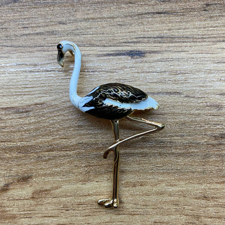 Брошь-кулон Фламинго эмаль белая черная металл золотистый