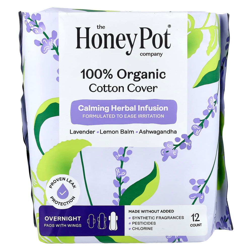 The Honey Pot Company, органический успокаивающий травяной настой, подушечки с крылышками, для ночного ухода, 12 штук