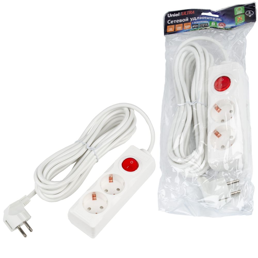 S-GCU2-5B WHITE Удлинитель серии Ultra, шнур 5м., 2 гнезда, 16A, с/з. Белый. TM Uniel