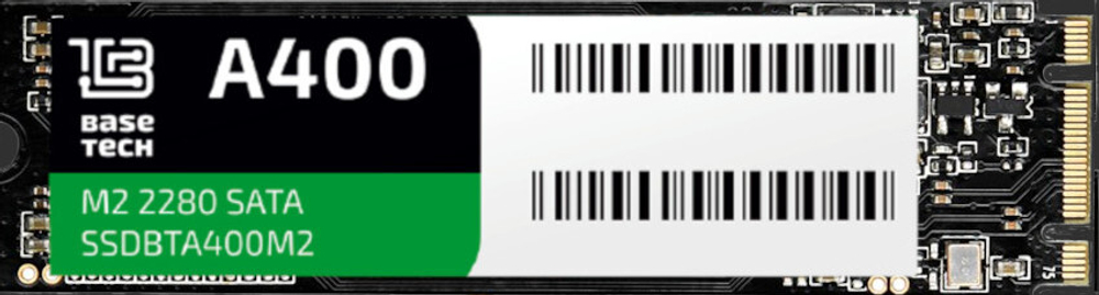 SSD BaseTech A400 128Гб, M.2 2280, SATA3, Retail, TLC, Чтение:520мб/с, Запись:450мб/с (SSDBTA400128GM2)