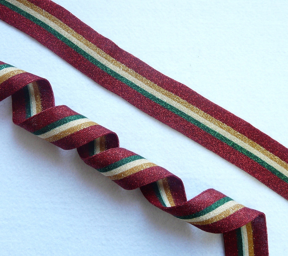 Лампасная лента (трикотажный, люрекс, 4,0 см). Бордовый/зеленый/бежевый