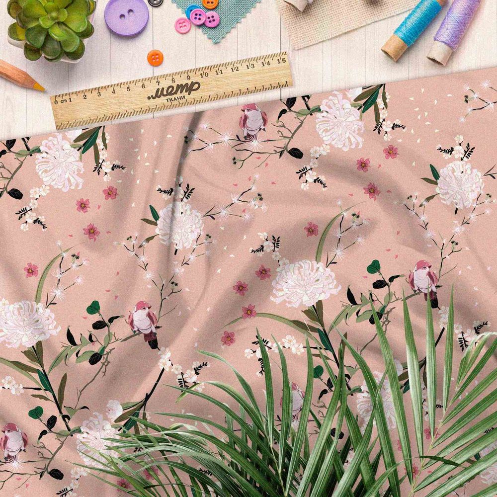Ткань футер 2-х нитка птицы на цветках