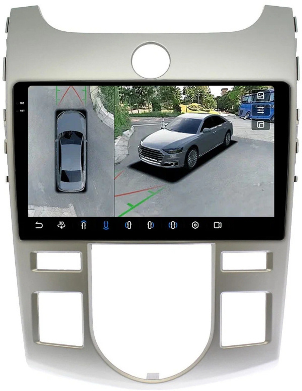 Магнитола для KIA Cerato 2 2008-2013 (климат, рамка серебро) - FarCar BX038M-360 монитор 9.5" 2K QLED на Android 13, 6Гб+128Гб, CarPlay, 4G SIM-слот, 4 камеры в комплекте