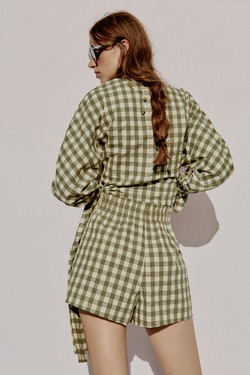 ZARA КУРТКА В КЛЕТКУ ВИШИ С ЗАВЯЗКАМИ, МЯГКИЙ ЗЕЛЕНЫЙ
