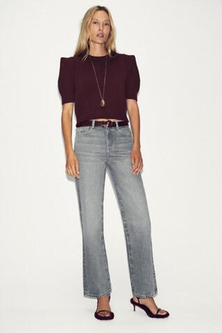 ZARA ТРИКОТАЖНЫЙ ТОП С КОРОТКИМИ РУКАВАМИ, ГРАНАТОВЫЙ