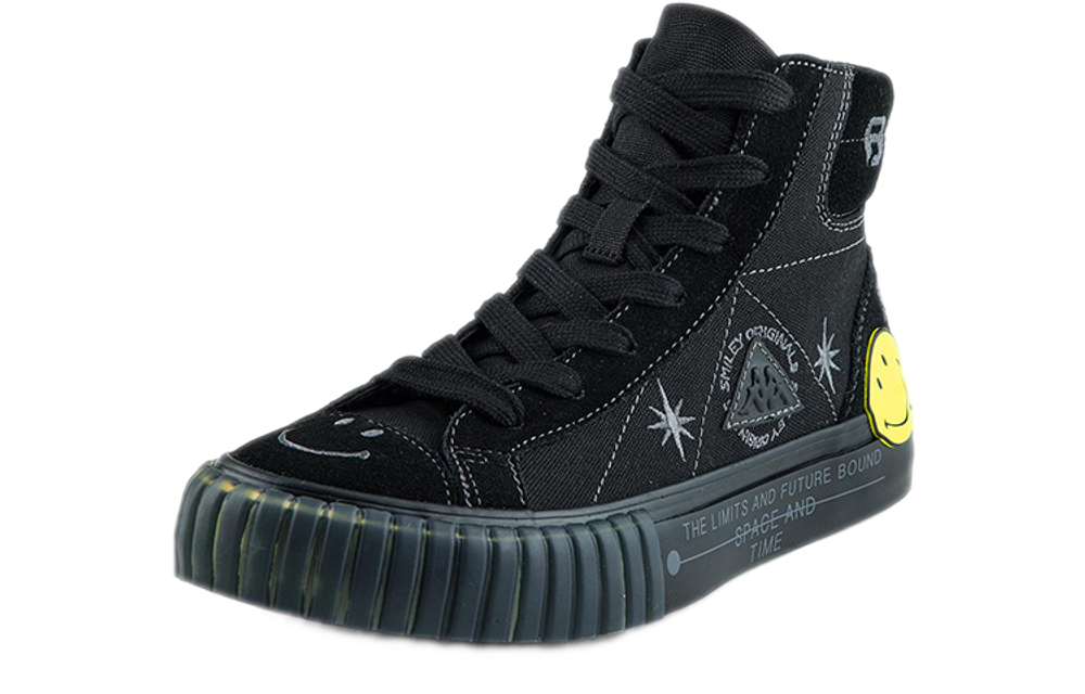 Smiley x Kappa embroidered casual canvas shoes high-top black men's and women's same style