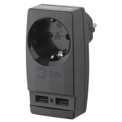 Разветвитель электрический ЭРА SP-1e-USB-B на 1 розетку + 2 USB с заземлением 16А черный | Тройники