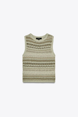 ZARA ТОП ИЗ РЕЛЬЕФНОГО ТРИКОТАЖА БЕЗ РУКАВОВ, ЗЕЛЕНОВАТЫЙ