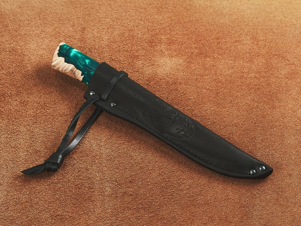 Якутский нож "Амга", сталь Х12МФ, рукоять стабилизированная карельская береза / акрил изумруд