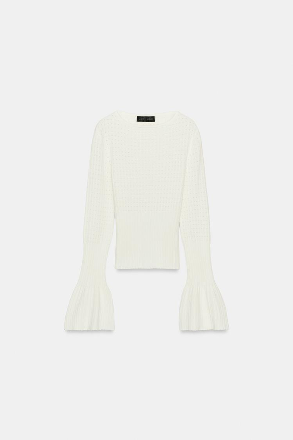 ZARA ДЖЕМПЕР ВЯЗАНЫЙ АЖУРНЫЙ С РУКАВАМИ КЛЕШ, ЭКРЮ