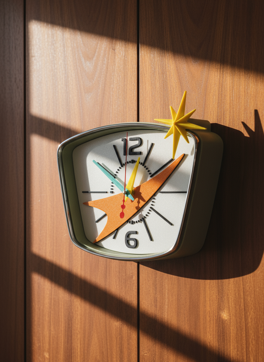 Настенные ретро-часы «Орбита-57» со светло-оливковым корпусом и хром-ободом, вдохновлённые космическим стилем 1950-х