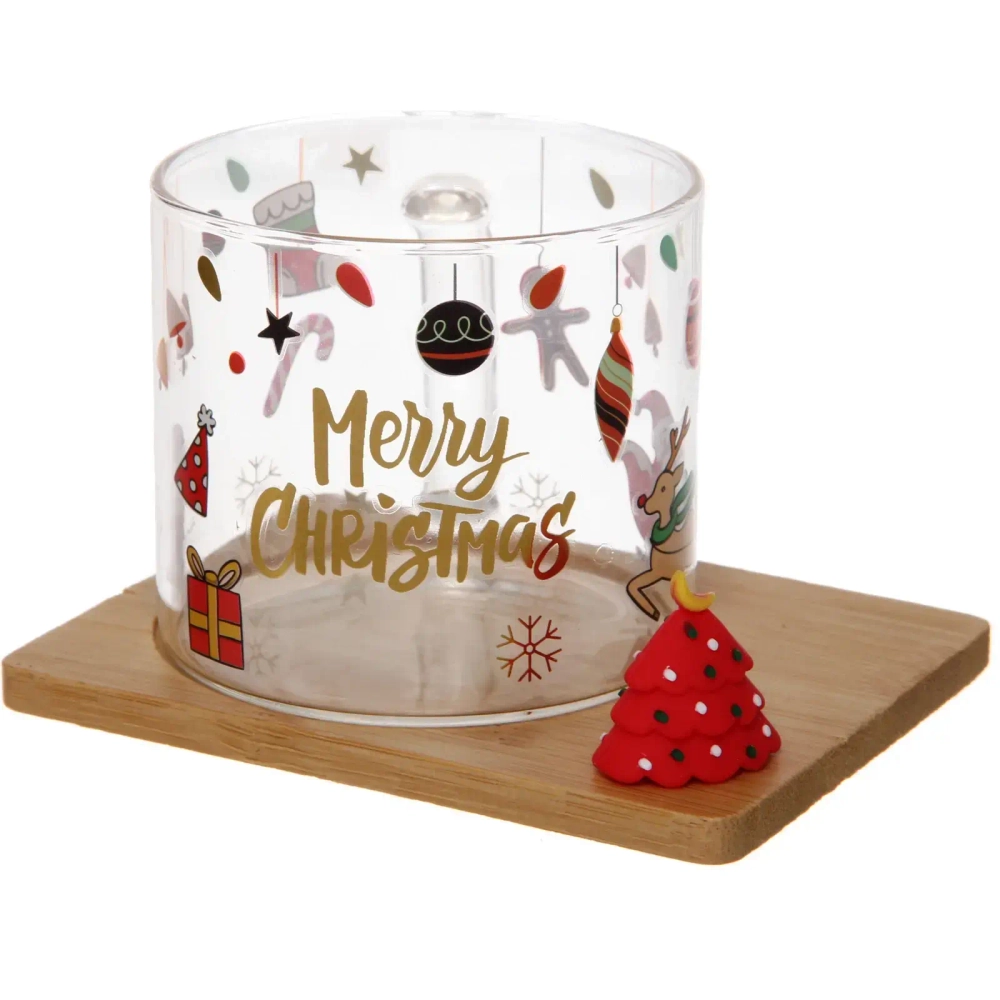 Кружка стеклянная 280мл «Новогодние чудеса» на бамбуковой подставке, цвета и рисунки микс
