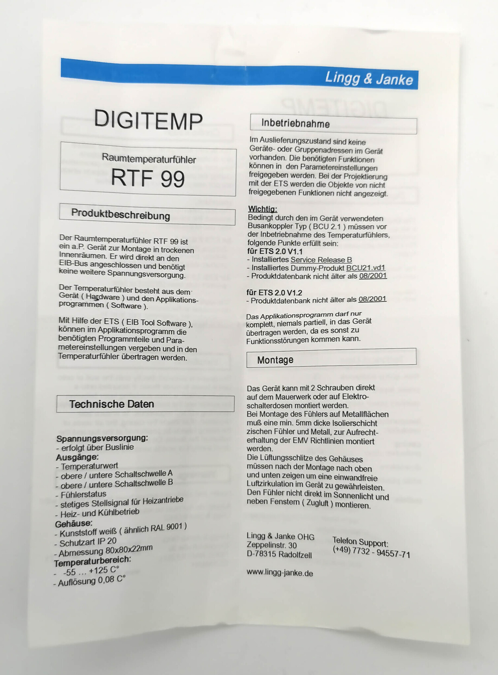 Датчик температуры KNX, LINGG-JANKE -55+125оС RTF99 89140