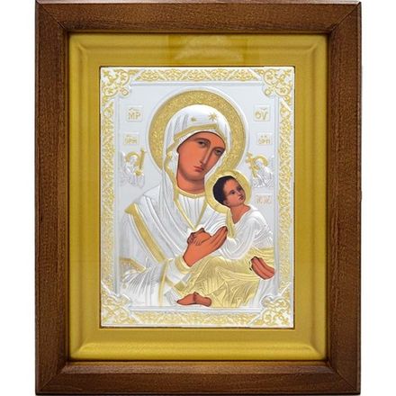 Икона Страстная Божией Матери в серебряном окладе, в деревянном киоте.