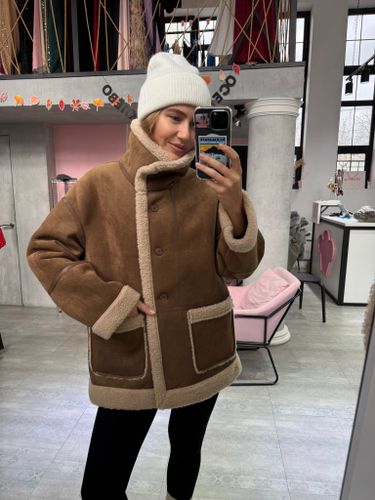 Двойная дубленка шоколадно-бежевая