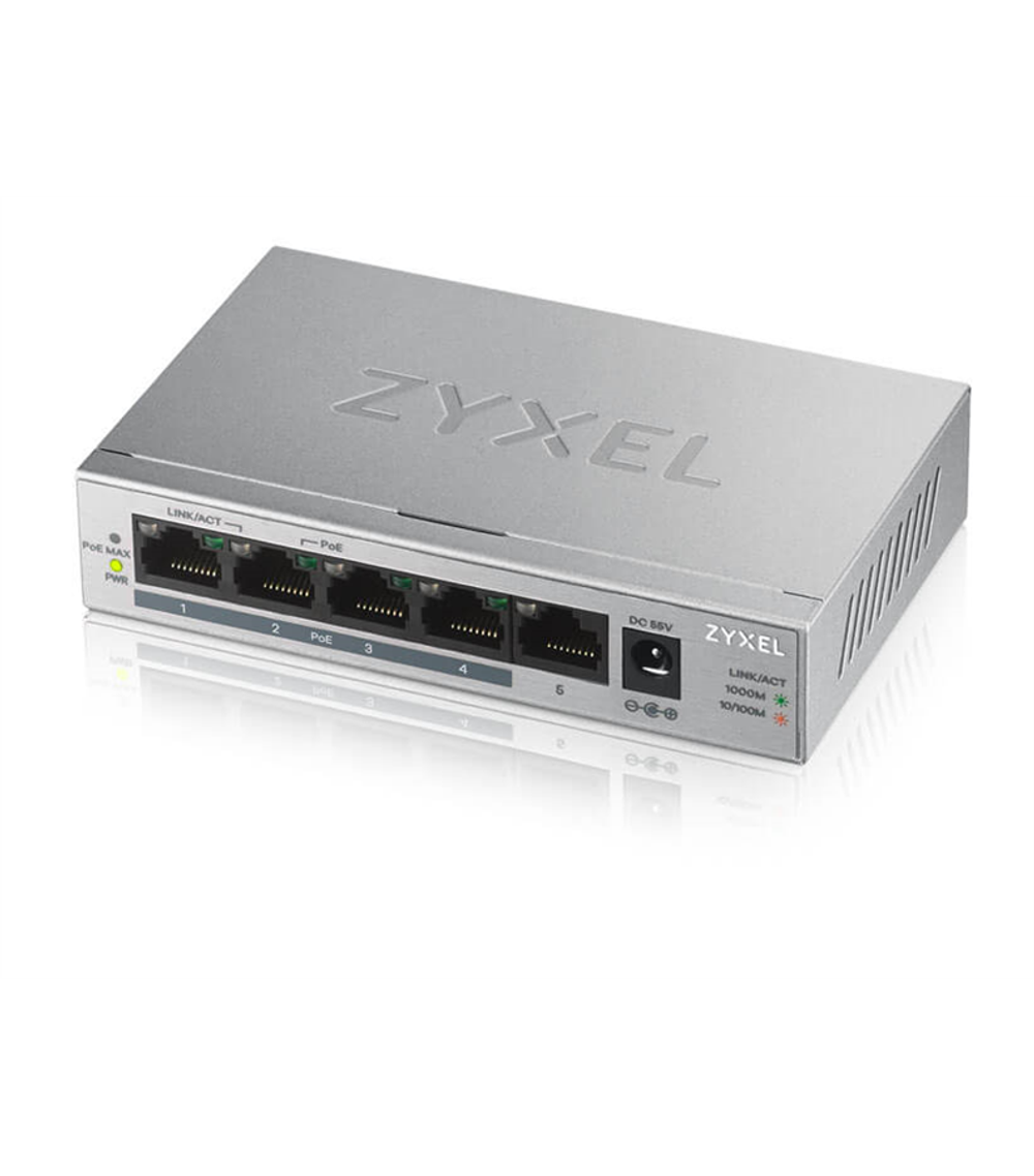 Коммутатор Коммутатор PoE+ Zyxel GS1005HP, 5xGE (4xPoE+), настольный, металлический, бесшумный, бюджет PoE 60 Вт