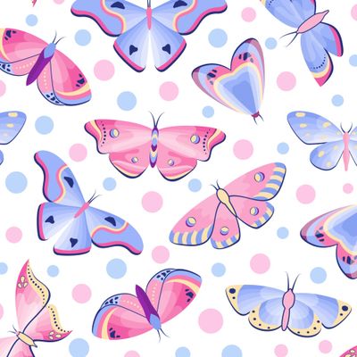 Бабочки и мотыльки в сиренево-розовых тонах на белом фоне