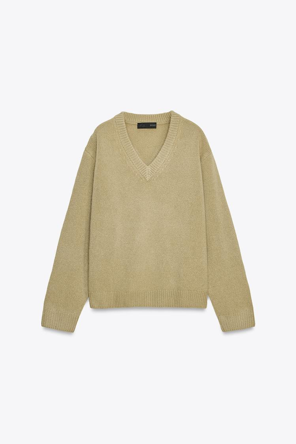 ZARA БАЗОВЫЙ ТРИКОТАЖНЫЙ ДЖЕМПЕР ИЗ 100% ШЕРСТИ С V-ОБРАЗНЫМ ВЫРЕЗОМ, СВЕТЛО-ОЛИВКОВЫЙ