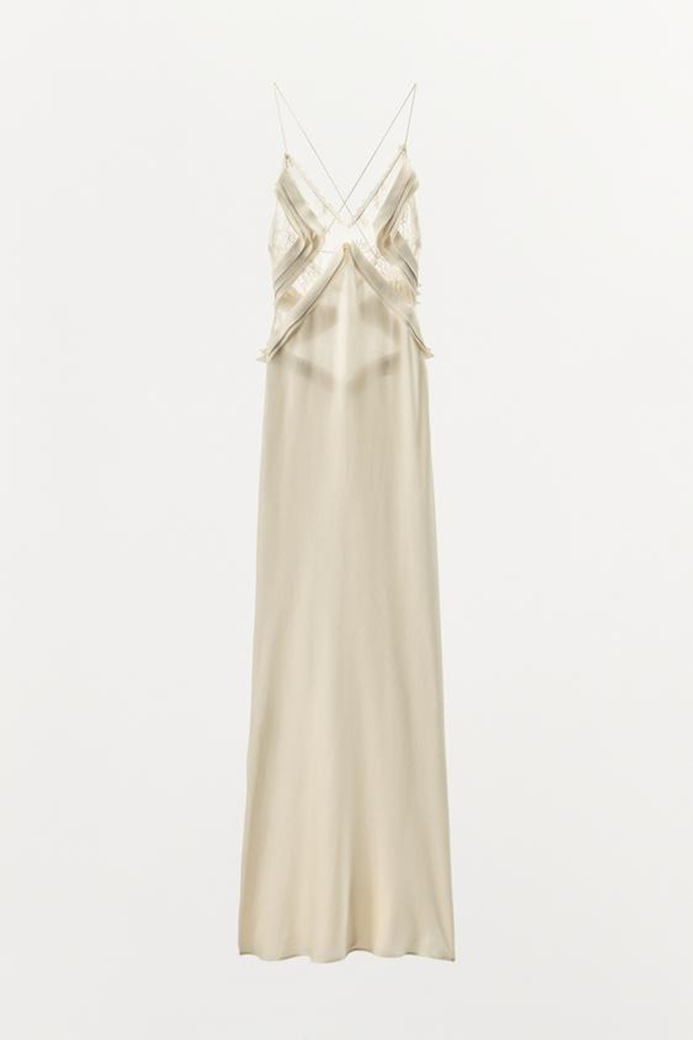 ZARA ДЛИННОЕ ПЛАТЬЕ ИЗ ЖОРЖЕТА С ВОЛАНАМИ, ЭКРЮ