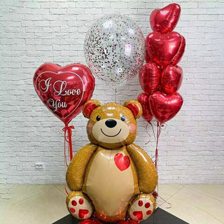 Композиция из воздушных шаров Большой мишка с сердцами