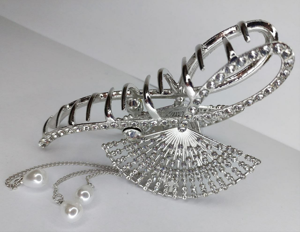 Заколка -краб  для волос "Веер" инкрустированный стразами. Металл Усиленная. Цвет серебро
