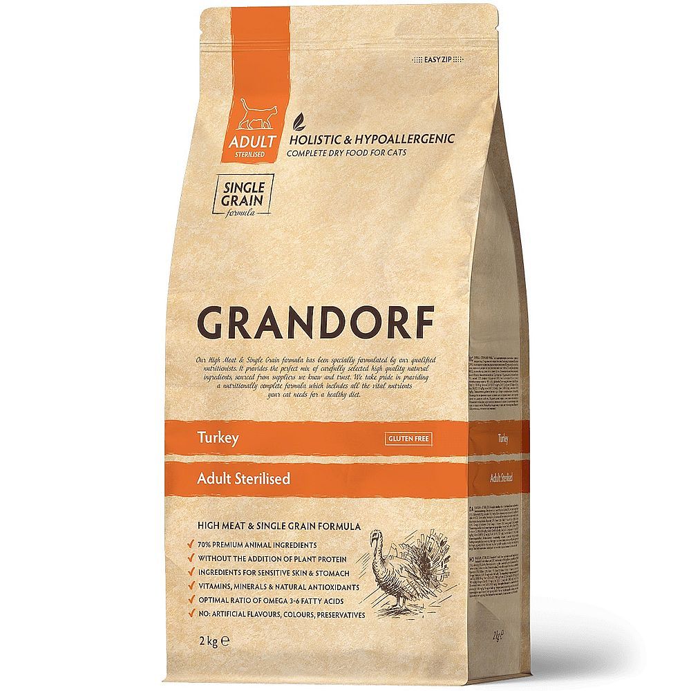 Сухой корм GRANDORF CAT Turkey STERILISED для стеризованных кошек из индейки, Пакет 2 кг