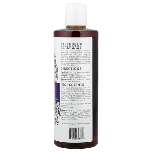 Dr. Jacobs Naturals, Африканское черное мыло для душа на растительной основе, эфирные масла лаванды и мускатного шалфея, 473 мл (16 унций)