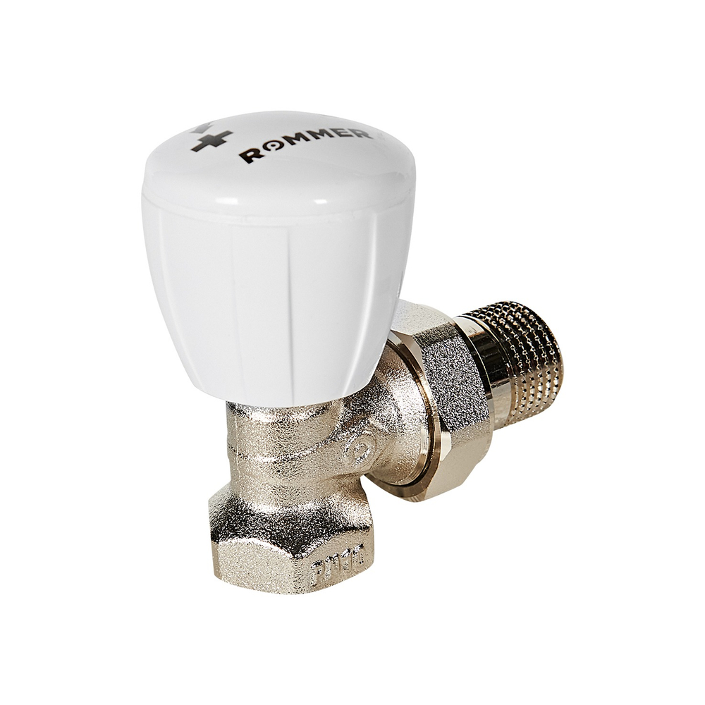 Клапан ручной регулирующий угловой ROMMER - 1/2" (ВР/НР-американка, PN10, Tmax 110°C)