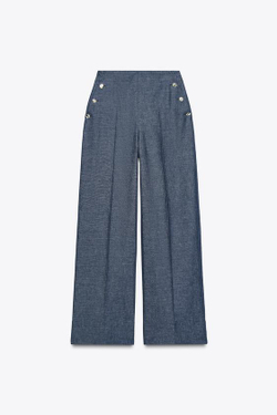 ZARA ШИРОКИЕ БРЮКИ С ПУГОВИЦАМИ ИЗ ЛЬНА, СВЕТЛЫЙ ИНДИГО