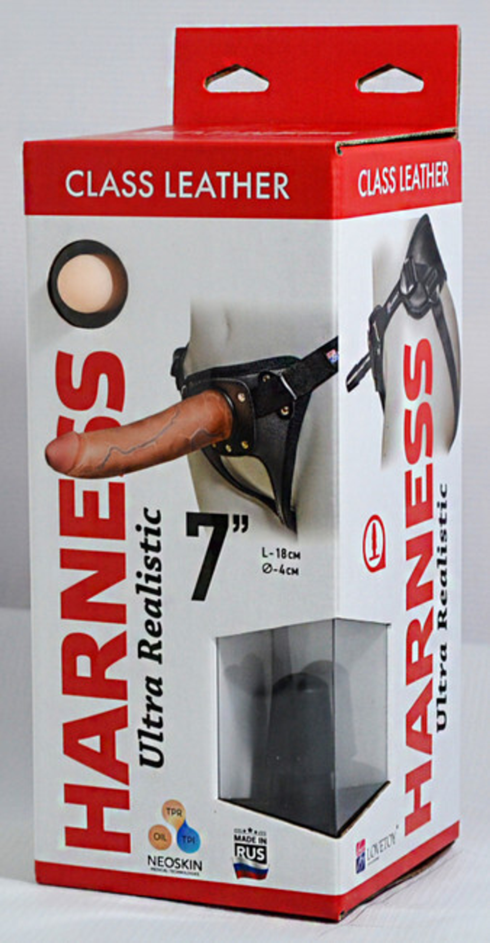 Страпон с кожаными трусиками Harness Ultra Realistic 7" насадка неоскин (18 см , телесный ) (Цвет: телесный с черным)