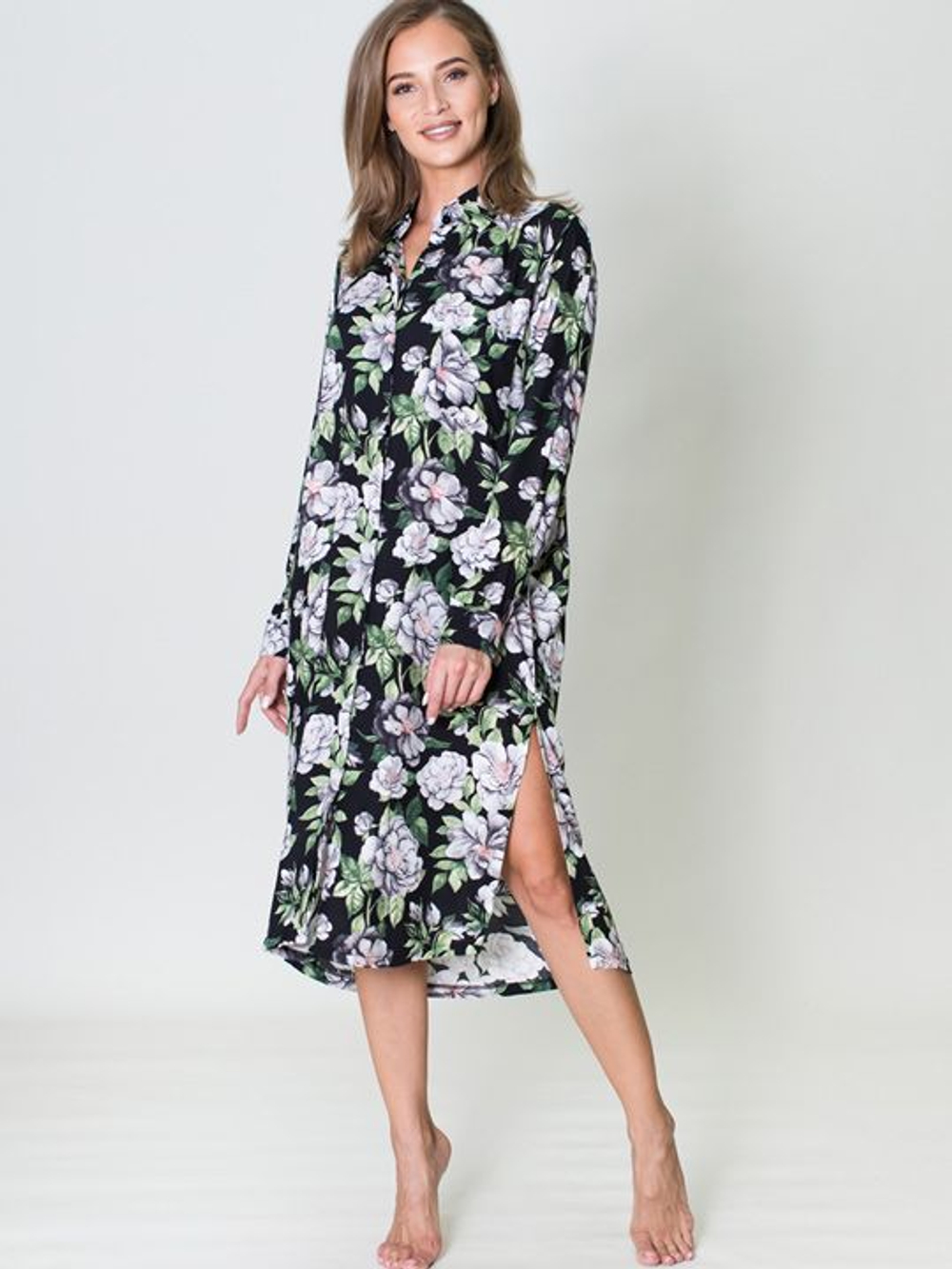 Эффектное платье-рубашка с цветочным принтом (Размер: M) (Цвет: черный)