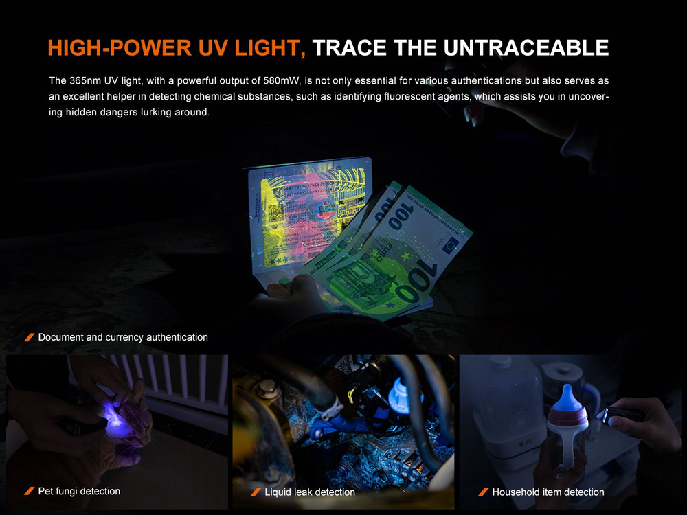 Фонарь Fenix E06R белый (700 лм, УФ, Type-C) на каждый день, лазерная указка, магнит, ультрафиолет,