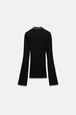 ZARA СВИТЕР ИЗ ТОНКОГО ТРИКОТАЖА В РУБЧИК, ЧЕРНЫЙ