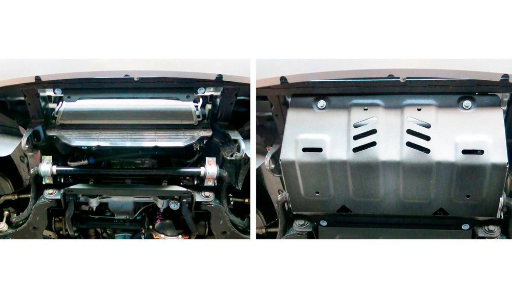 Защита радиатора Rival для Fiat Fullback (V - 2.4D) 2016-н.в./Mitsubishi L200 V (V - 2.4D) 2015-2019 2018-н.в./Mitsubishi Pajero Sport III (V - 2.4D; 3.0) 2016-2021 2021-н.в., штампованная, алюминий 6 мм, с крепежом, 2333.4046.1.6