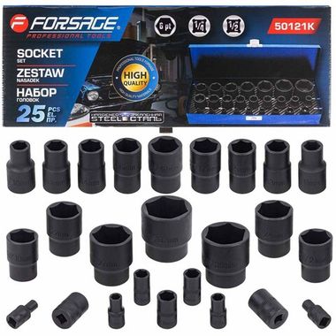 Головки ударные, набор 25пр. 1/4'', 1/2''(6гр.) Forsage F-50121K