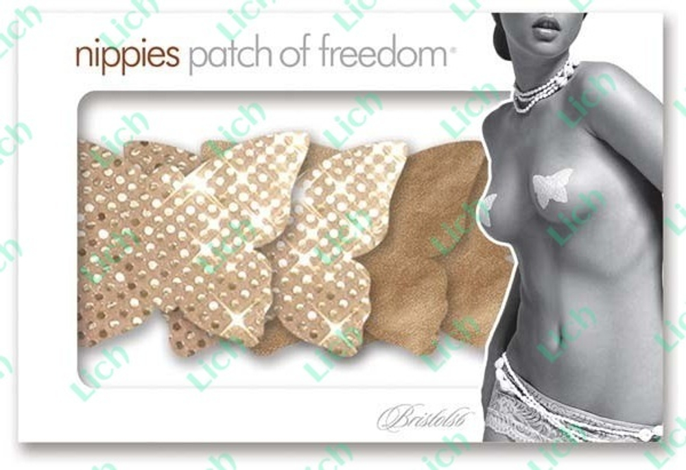 Комплект из 1 пары золотистых пэстис-бабочек с блестками и 1 пары  бежевых пэстис-бабочек с гладкой поверхностью