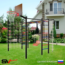 Уличная шведская стенка Sv Sport рукоход с комплектом турник прямой 2шт У5386К (Турник/Со спинкой/Щит баскет/Канат/кольца/лестница/Сетка)