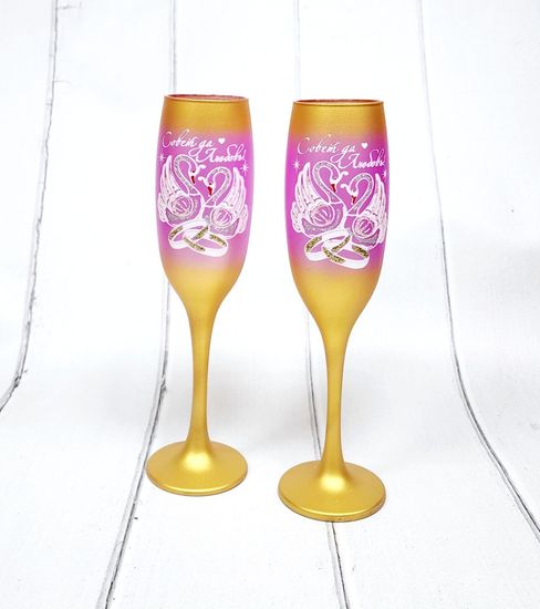 Свадебные бокалы , золото с розовым, Совет да любовь, матовые